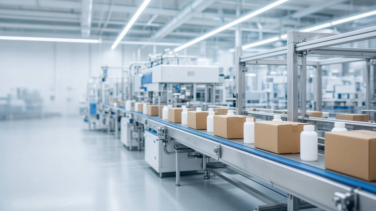 Packaging production line with cartons and bottles on a conveyor (illustrative scene)